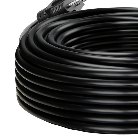 100 Ft Heavy Duty Outdoor Power Stake Extension Cord With Six Weatherproof Sockets And 13A Heavy Gauge Cable coiled for easy storage.