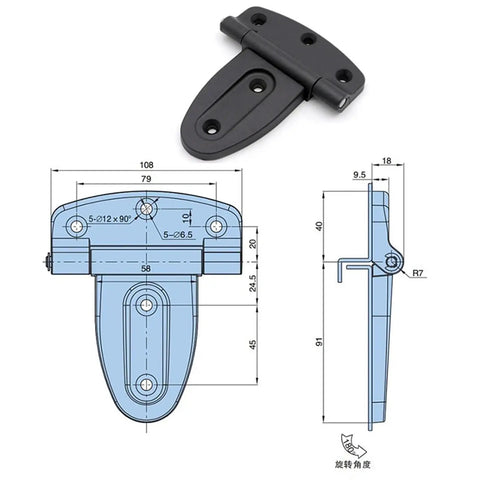 Diagram and close-up of Heavy Duty Black Plastic Door Hinges For Barn Shed Gates Square And T Hinges