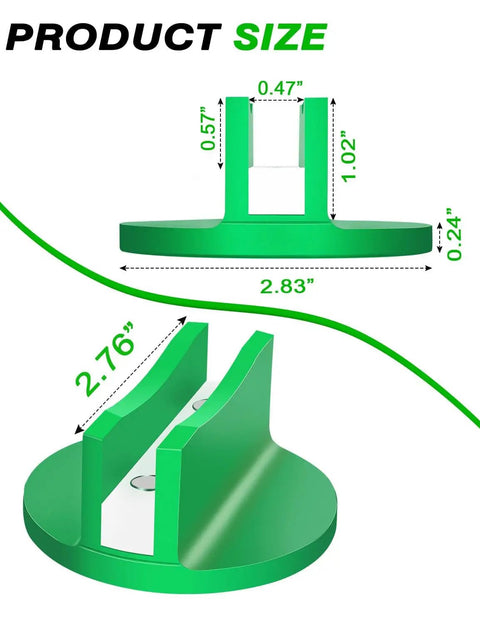 Magnetic Pinch Weld Jack Pad With Aluminum Slotted Design For Floor Jacks dimensions shown, green, side and angled view.