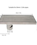 Oreilet Linear Shower Drain Bathroom Floor Drain with Hair Catcher (Side) showcasing a stainless steel design, 20cm x 10cm.