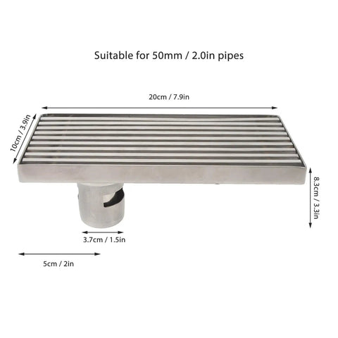 Oreilet Linear Shower Drain Bathroom Floor Drain with Hair Catcher (Side) showcasing a stainless steel design, 20cm x 10cm.
