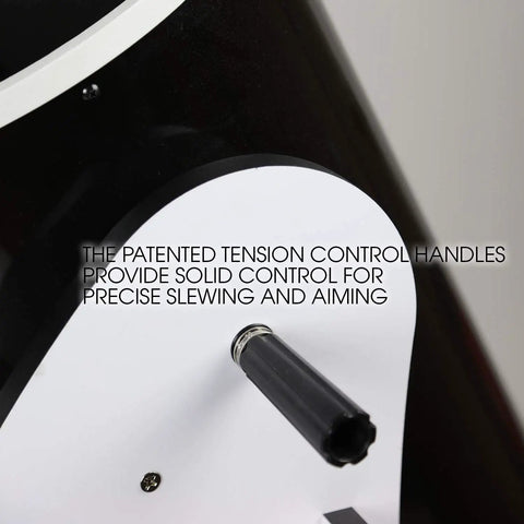 Close-up of tension control handle on Flextube 300 Dobsonian 12 Inch Telescope with collapsible design for precise aiming.