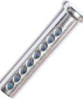 Side view of Beefy Adjustable Clevis Pin Kit For Trailers And Heavy Equipment Seven Sixteenths By Two And A Half Inch Zinc Steel Pin with Eight Holes