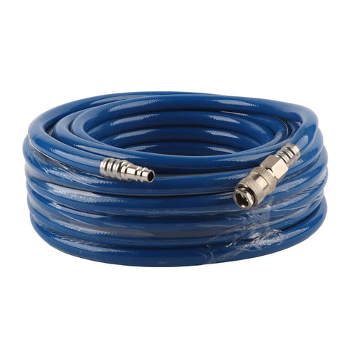 Hardcore Blue Pneumatic Air Hose With Snap On Quick Connector For Air Compressor Rig 15 Meter flexible tubing coiled for easy storage.
