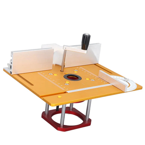 Rock Solid Router Lift System With Smooth Crank Dial Hella Sturdy Aluminum Base Precision Insert Plate showing orange work surface and alignment ruler.