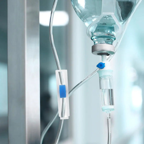 Hose Flow Rate Regulator With Roller Switch For Medical Infusion Tubing And Lab Work, attached to hospital IV setup.