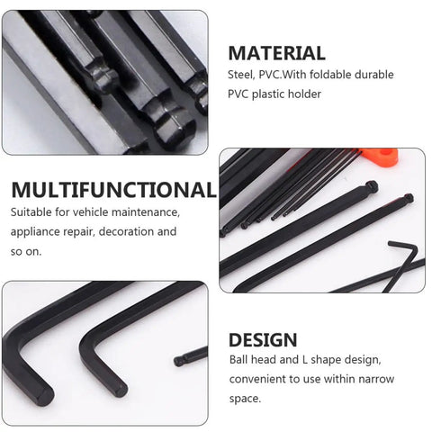Top-Notch 9-Piece Ball-End Hex Key Wrench Set With Extended Medium-Length Handles And Black Oxide Finish For Rock Hard Mechanical And Home Maintenance Jobs, steel PVC holder