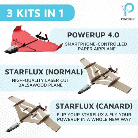 StarFlux Dual Flight Balsa Wood RC Airplane Kit Build Fly And Flip Between Normal Stable Mode And Canard Agile Mode Smartphone Controlled Plane 2 In 1 STEM Kit Made In USA For Teens And Hobbyists displayed in three variants, including POWERUP 4.0.