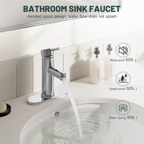 Chrome One Hole Bathroom Faucet With Single Lever Handle, Deck Mount Lavatory Sink Faucet, Modern Vanity Faucet With Deck Plate And Brass Supply Lines in use
