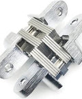 Stainless Steel Hidden Hinge Set for 180 Degree Folding Doors and Cabinets 2 Pack Concealed Cross Door Hinges, close-up view.