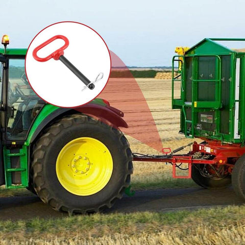 Half Inch Trailer Hitch Pin And Clip Set For Trailers With Quick Hook Up And Unhook For Tow Gear And Utility Vehicles Two Pack Includes Three And Five Eighths Inch Shank And R Clips For Tractors Lawn Mowers Golf Carts RVs And ATVs shown attached to a tractor and trailer