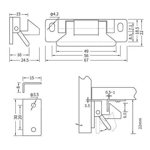 Black Nylon Metal Closet Door Catch And Cabinet Handle With Secure Drawer Latch For Rv Mobile Homes Cars Yachts And Cupboard Doors That Save Space detailed technical drawing with dimensions.