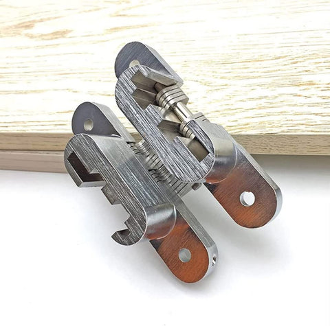 Close-up view of 2 Pack Stainless Steel Hidden Door Hinges 180 Degree Concealed Folding Cross Hinges for gates and cabinets
