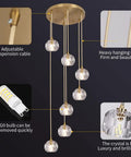 Sleek Modern Crystal Pendant Light With Seven LED Crystals, Adjustable Brass Plating Frame, K9 Crystal Ball Chandeliers.