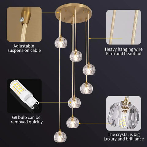 Sleek Modern Crystal Pendant Light With Seven LED Crystals, Adjustable Brass Plating Frame, K9 Crystal Ball Chandeliers.
