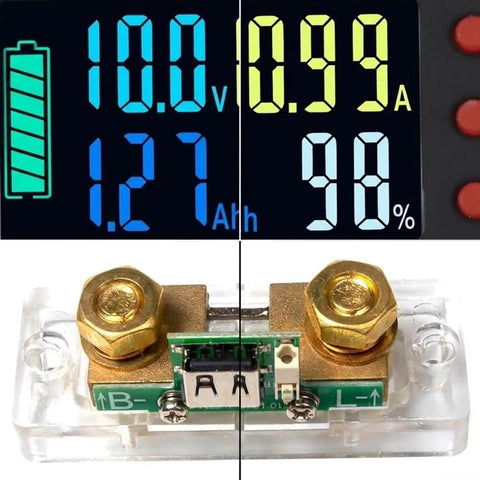 Hella Precise Pure Copper Shunt Battery Monitor showing LCD readout, 100A capacity, and copper shunt for RV solar systems.