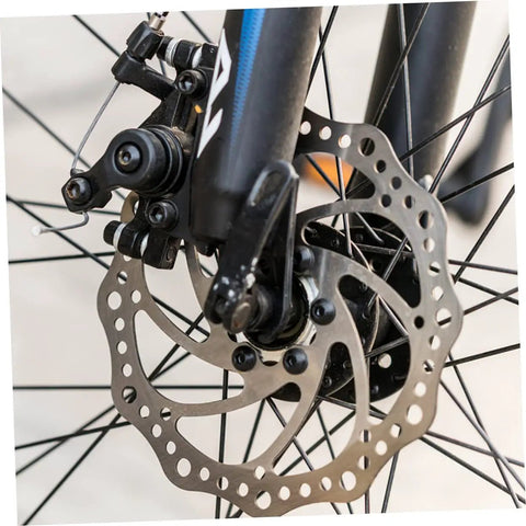 No Fuss Mountain Bike Disc Brake Conversion Kit Featuring Front And Rear 160 Mm Aluminum Rotors Mechanical Calipers close-up view of front brake.