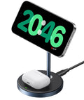 MagFlow 2in1 Magnetic Wireless Charging Stand Fast Charge For iPhone 17 16 15 14 13 12 Series And AirPods MagSafe Compatible Qi Charging Stand With 3 Foot USB C Cable No AC Adapter Included showing iPhone and AirPods