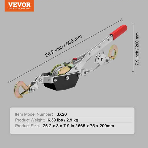 Come Along Winch 2 Ton Pulling Capacity With 12 Feet Steel Cable Dual Gear Beefy Built Ratchet Power Puller Tool With Two Hooks For Automotive Hoist And Vehicle Rescue, 26.2 in