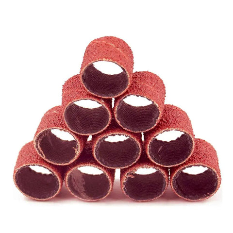 Heavy Duty Sander Drum Mandrel With Ten Badass 80 Grit Sanding Bands For Multi Material Grinding And Nail Drill Slick Rotary Accessory Set, close-up of 10 sanding bands stacked in a pyramid.