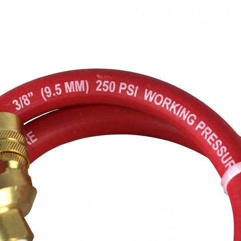 Heavy Duty 3 Foot 3/8 Air Hose Extender With Triple Manifold Quick Connector, red hose showing 250 PSI and connector detail.