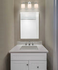 Chrome 3 Light Vanity Wall Light With Fabric Drum Shade, Hardwired Bathroom Fixture above bathroom sink and mirror