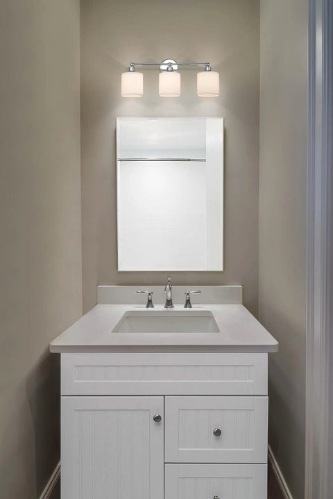 Chrome 3 Light Vanity Wall Light With Fabric Drum Shade, Hardwired Bathroom Fixture above bathroom sink and mirror