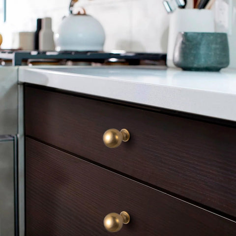 Installed Six Pack Zinc Alloy Drawer Knobs 0.94 Inch Diameter Champagne Bronze Cabinet Knobs In Modern Style on dark cabinet drawers