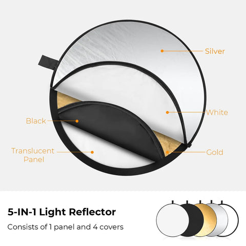 5 In 1 Light Reflector Kit 32 Inch Portable Collapsible For Studio And Outdoor Photography with silver, gold, white, black covers