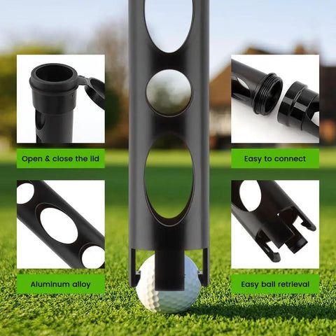 Long Handle 33 Inch Golf Ball Retriever Grabber Durable Plastic Ball Picker Upper Tube Holds Up To 21 Golf Balls Easy To Assemble Lightweight Yet Sturdy Golf Ball Collector For Men And Women Back Saving Practice And Range Tool on grass with close-up of features