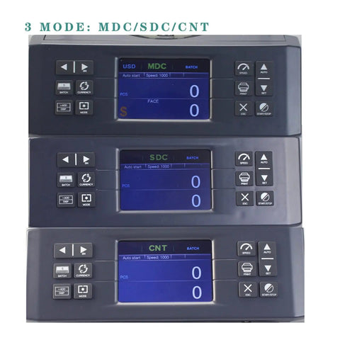 Plug And Play Cash Counter Machine For Mixed Currency Bills With Auto Detection and Sleek LCD Screen showing three mode options.