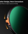 Close-up of 82mm Variable ND Filter ND2-ND400 One To Nine Stops With 28 Layer Coatings And Pro Grade AGC Glass, featuring pusher design.