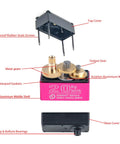 Front view of 20KG servo motor with pink CNC aluminum housing, exposed brass gears, waterproof gaskets and top cover