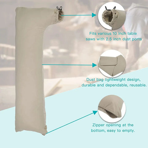 Heavy Duty Table Saw Dust Collector Bag With Wire Support Frame Keeps Your Workshop Clean And Dust Free Super Easy To Attach And Detach To Most 10 Inch Tablesaws With A 2.5 Inch Dust Port Measures 31 Inches Long showing lightweight design and durability.