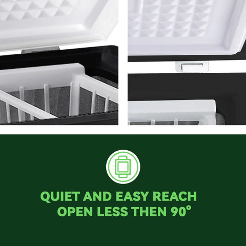 Compact Black Chest Freezer With 3.5 Cubic Feet Capacity, Space Saving Top Open Design, interior image with easy open lid.