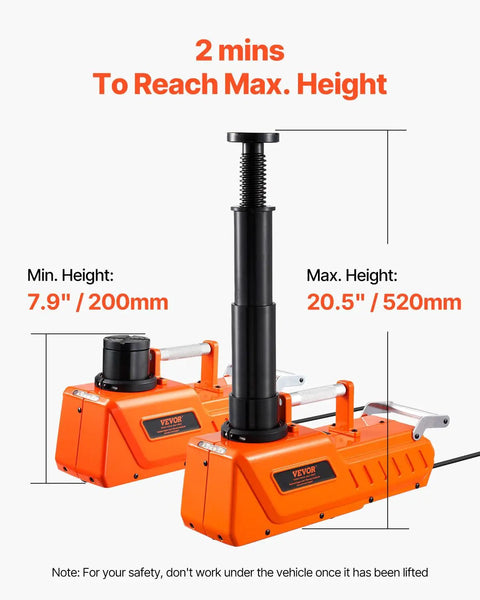 15 Ton Electric Hydraulic Car Jack Lift With 7.9-20.5 Inch Range, orange jack raised to full height with measurements shown