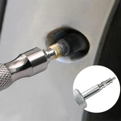 Close-up of Two Pack Stainless Steel Valve Core Wrench Set for Car and Bicycle Ultra Portable Tire Valve Disassembly Tool in use