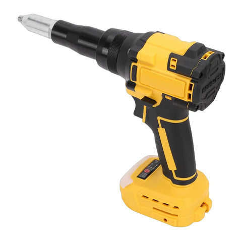 Heavy Duty Cordless Rivet Gun With Brushless Motor Delivers 2248 Lbs Of Raw Power And Fast Automatic Function Featuring Built Led Light, Auto Reverse Mode, And Compact Portable Design For Professional Job Site Metalworking Projects Without Cord Hassle. Yellow and black cordless rivet gun with battery base, side view