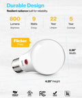 Image of Outdoor Dusk To Dawn A19 LED Bulbs With Photocell Sensor, 800 Lumens, showcasing features like 9W power, dimensions, and certifications.