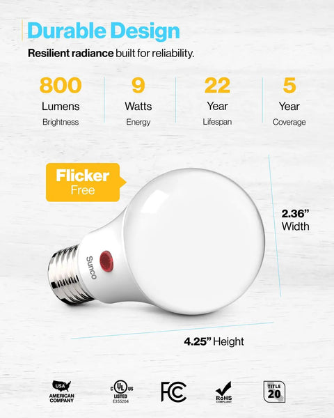 Image of Outdoor Dusk To Dawn A19 LED Bulbs With Photocell Sensor, 800 Lumens, showcasing features like 9W power, dimensions, and certifications.