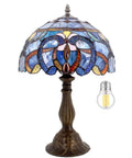 Tiffany Style Blue Purple Stained Glass Table Lamp For Reading And Decor, 12 Inch Shade, 18 Inch Tall, Antique Green Bronze Base