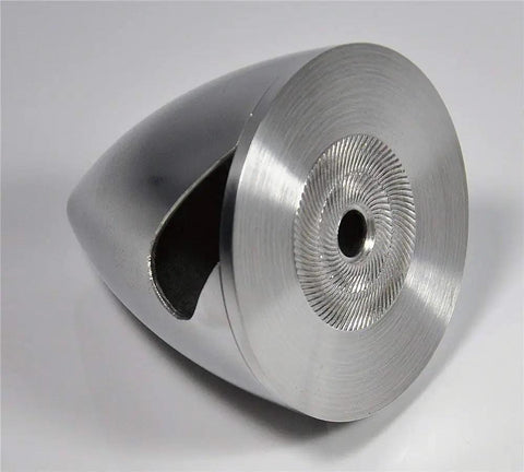 Machined CNC Aluminum Spinner For RC Airplane 3.5 Inch 89mm 3 Blade Propeller Hub Silver Finish, angled view of spinner