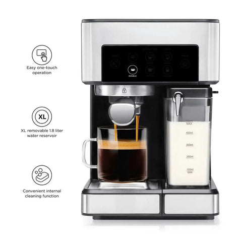 Compact Slim Green Milk Frother Coffee Maker For Your Daily Setup brewing espresso with 1.8L tank and one-touch control.