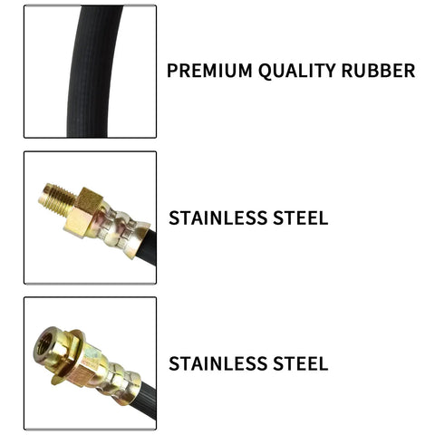 Three views of Universal 18-Inch Rubber Brake Hose, showing stainless steel connectors and premium rubber material