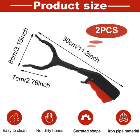 Two Pack 11.8 Inch Grabber Reacher Tool For Easy Litter Cleanup, Trash Picker With Claw Jaw, Long Reach Arm Extension For Seniors And Kids, Durable Metal Tube With ABS Handle, Black