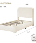 Snug Twin Bed Frame With Ultra Soft Cloud Boucle Fabric And Cream Upholstered Headboard featuring dimensions and weight capacity.