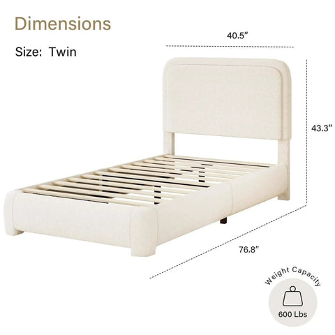 Snug Twin Bed Frame With Ultra Soft Cloud Boucle Fabric And Cream Upholstered Headboard featuring dimensions and weight capacity.