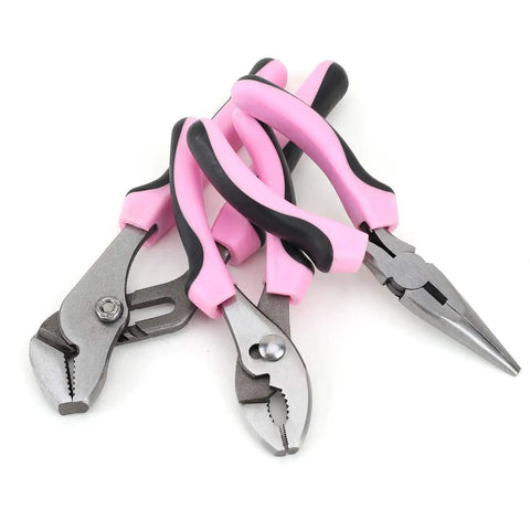 Three pink forged steel pliers from 220 piece Pink Tool Set For Women Home Repair Kit for DIY projects and everyday fixes.