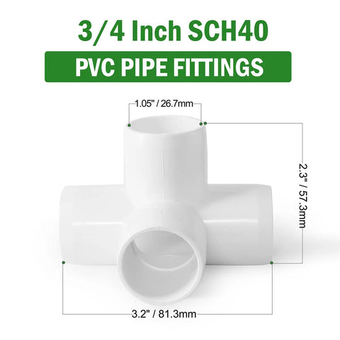 3/4 Inch SCH40 PVC Pipe Fittings, 4 Way PVC Pipe Fittings 3/4 Inch White SCH40 Furniture Grade Connectors Elbow Corner Side Outlet Tee for DIY projects