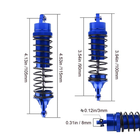Dimensions of All Metal Shocks Set 1/10 Scale RC Cars Blue 4 Pack Oil Type Unoiled for Adjustable Damping